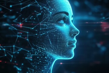 Blue digital human head profile with glowing network connections abstract artificial