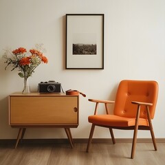 Modern Scandinavian home space featuring brown mock-up frame and aesthetic interior design details, interior of a room with a chair