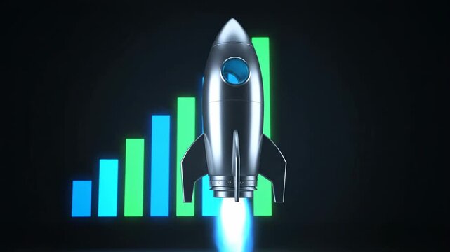 Rocket Launching Business Growth - A silver rocket ship blasts off against a dark background, with an ascending bar chart symbolizing rapid business growth and success.