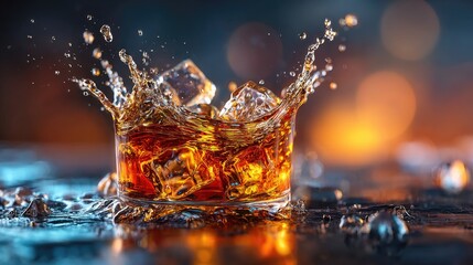 Splashing whiskey drink with ice cubes