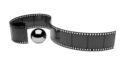 Pristine glossy black 35mm film strip with six blank frames in a sinuous S-curve next to a reflective chrome sphere on transparent background. Modern precision concept