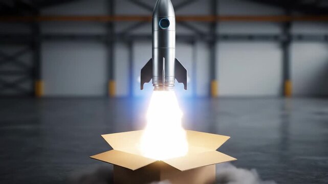 Rocket Launching from Box: Startup Success - A silver rocket ship blasts off from inside a cardboard box, symbolizing the rapid growth and innovation of a new business venture.