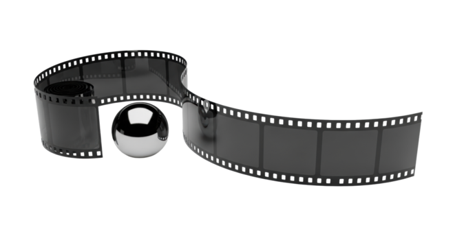 Pristine glossy black 35mm film strip with six blank frames in a sinuous S-curve next to a reflective chrome sphere on transparent background. Modern precision concept
