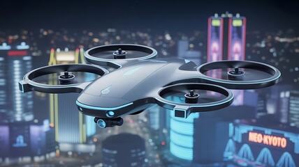 Futuristic drone flying over neon city at night quadcopter
