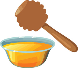 A wooden honey dipper above a bowl of honey