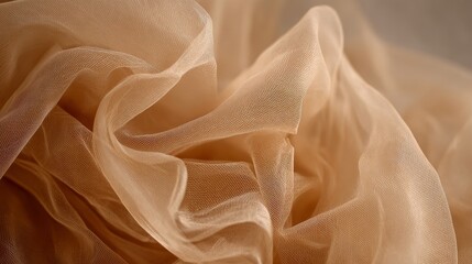 A delicate beige tulle fabric with an abstract textured appearance, showcasing gentle waves and folds, perfect as a background element for fashion, wedding, or interior design projects that call for