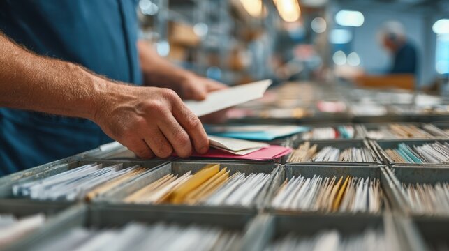 Focused closeup of a postal worker sorting letters into bins with the surrounding mailroom out of focus emphasizing affordable mail delivery services.