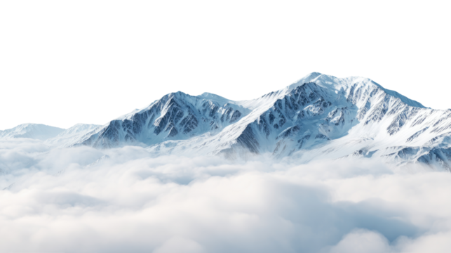 Beautiful mountain landscape covered with snow and frosty winter peaks isolated on white background
