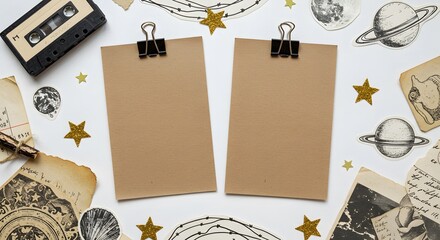 Vintage Flat Lay: Creative Mockup with Retro Stationery and Celestial Drawings