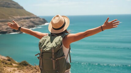 Woman with backpack embracing ocean view, feeling freedom and adventure on vacation