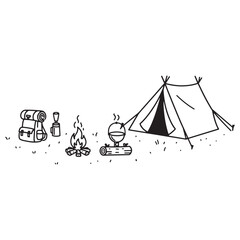 Camping Scene with Tent, Campfire, Backpack and Cooking Pot