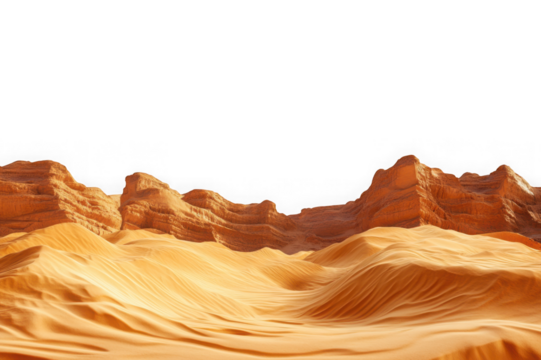 Sandy desert landscape with layered rock formations and dunes isolated on a transparent background image
