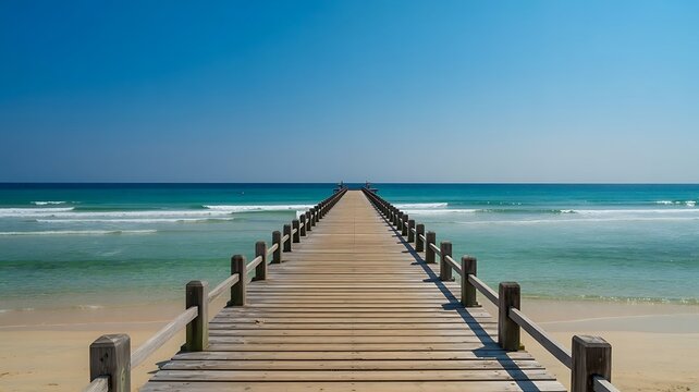 Stunning ocean pier leading to calming turquoise waters under clear blue sky