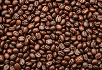 Fototapeta premium Rich brown coffee beans, close-up texture background, plantation, grain