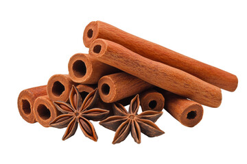 Fresh cinnamon sticks and star anise spices isolated on transparent background close up