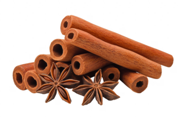 Fresh cinnamon sticks and star anise spices isolated on transparent background close up