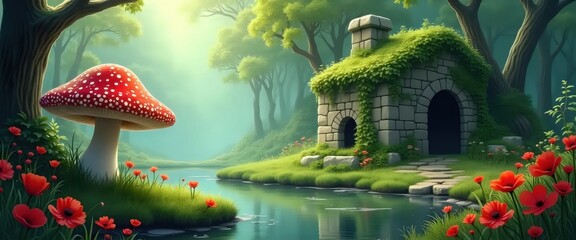 A mushroom in the middle of a lush green forest.