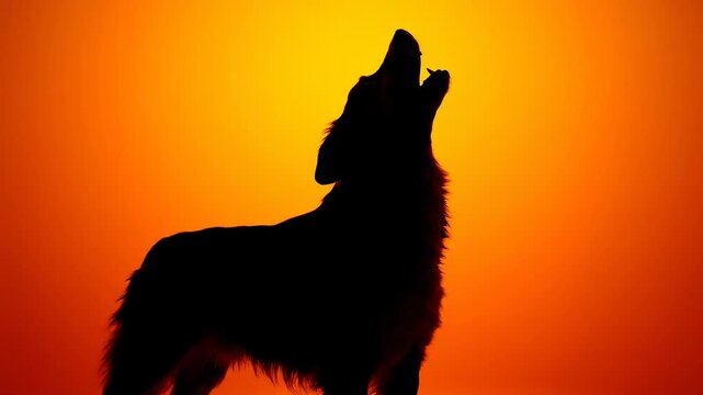 Dog Howling Silhouette at Sunset - A silhouette of a dog howling at sunset against a vibrant orange background.