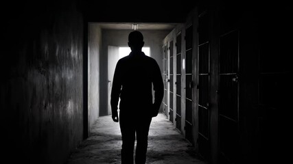 Silhouetted Man Walking Away in Dark Prison Corridor - A silhouetted figure walks down a dimly lit prison corridor towards a bright light at the end. - Powered by Adobe