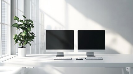 Minimalist dual monitor setup on white desk with a laptop and external keyboard