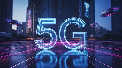 Glowing blue five g sign in futuristic city neon urban