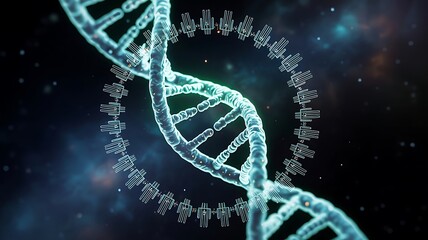 Glowing blue helix structure with circular data display