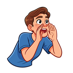 A young man with brown hair and a blue t-shirt cupping his hands around his mouth, appearing to shout or call out loudly with an excited expression.