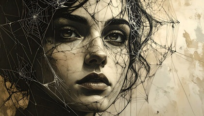 Haunting Portrait of a Woman with Cobweb-like Cracks on Her Face and Hair.