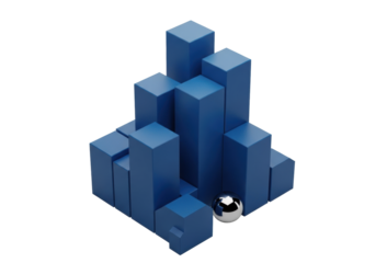 Deep matte blue geometric blocks meticulously form an abstract city skyline, with a small reflective chrome sphere, isolated on seamless transparent, concept of precise minimalist architecture