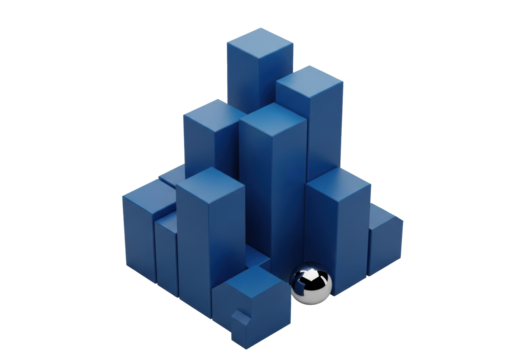 Deep matte blue geometric blocks meticulously form an abstract city skyline, with a small reflective chrome sphere, isolated on seamless transparent, concept of precise minimalist architecture