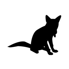 A simple, black silhouette of a fox sitting, set against a white background.