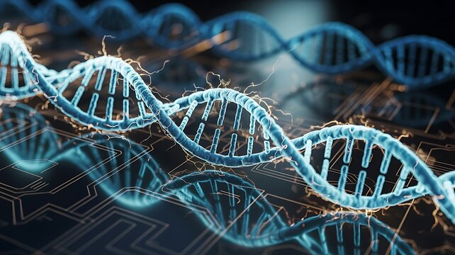 Blue D N A helix with electrical sparks over circuit board