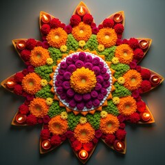 Flower Rangoli design with diya. Top view