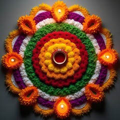 Flower Rangoli design with diya. Top view