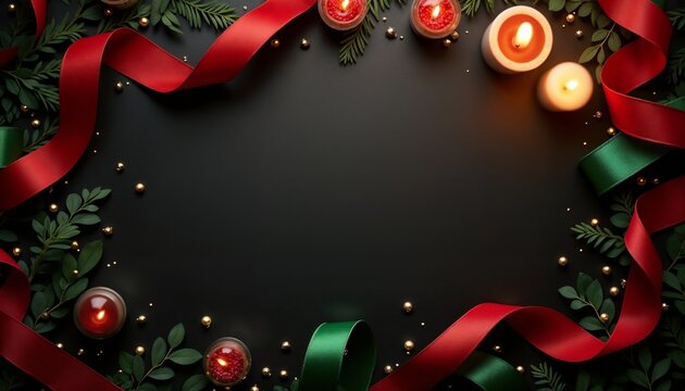 Realistic Kwanzaa greeting card concept with a clean black background, red and green ribbons, and subtle festive light. A minimal composition ideal for holiday, cultural, and seasonal stock use.