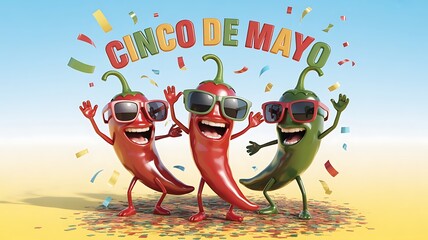 Cheerful chili peppers celebrating with confetti green
