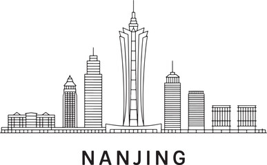 Obraz premium Nanjing Skyline Silhouette Vector Illustration with City Name on Transparent Backdrop