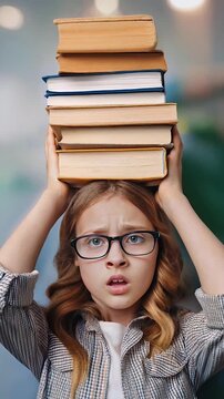 Fatigue pupil girl holds a pile of books on her head looks confused and bewildered due high volume of homework. Teenage student tired of difficult educational system