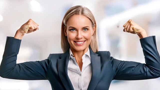 Confident young woman office worker flexing both arms showing strength. Empowerment and business professionalism concept