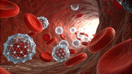 Blood Flow Anatomy: Captivating medical visualization showcasing blood cells coursing through an artery. A high-definition rendering reveals the intricate details of the circulatory system.