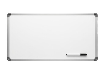 Pristine empty horizontal whiteboard with sleek silver frame and black dry-erase marker, isolated on a seamless transparent background with no shadows, high-quality studio product concept