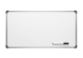 Pristine empty horizontal whiteboard with sleek silver frame and black dry-erase marker, isolated on a seamless transparent background with no shadows, high-quality studio product concept