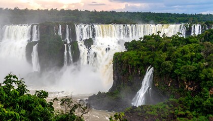 Majestic waterfalls cascading down rocky cliffs, lush green jungle surrounds