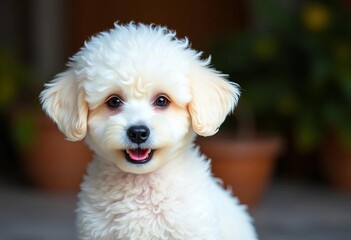 Fototapeta premium Fluffy white Poodle puppy with big ears, playful expression, small dog, domestic dog