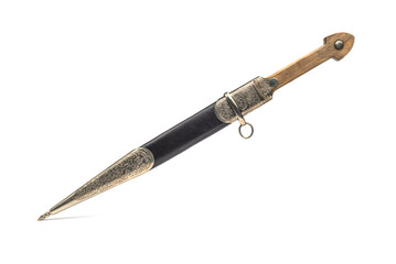 Ornate antique  dagger in sheath  isolated on white background