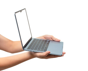 Hands holding laptop computer with blank screen isolated.	