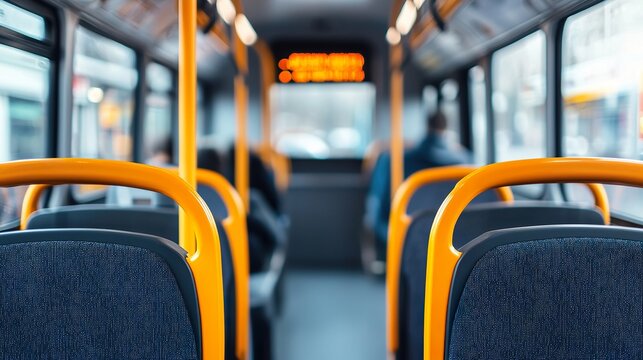 Self-driving public transport bus, empty driver's seat, passengers relaxing, efficient urban commute, autonomous transit  - Powered by Adobe