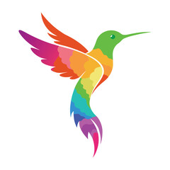 Vibrant rainbow hummingbird in flight with wings spread against a white background symbolizing diversity and joyful movement
