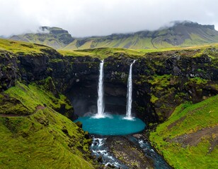Majestic waterfalls cascading into a turquoise pool, surrounded by verdant landscapes and dramatic mountains