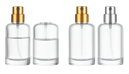 Three clear glass perfume bottles with gold and silver spray caps